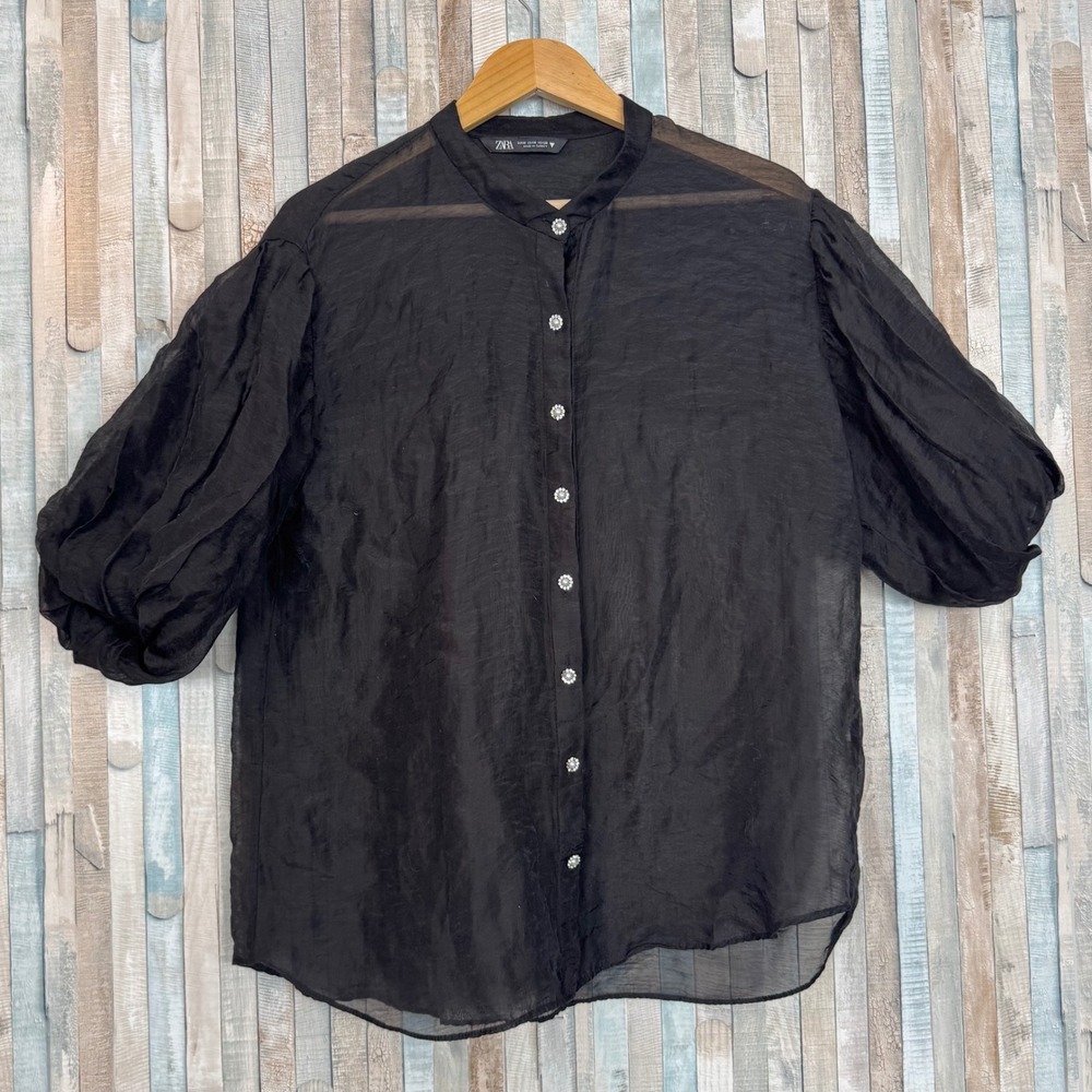 Zara Black Sheer Organza Jewel Jeweled Pearl Button Puff Sleeve Blouse Top M
